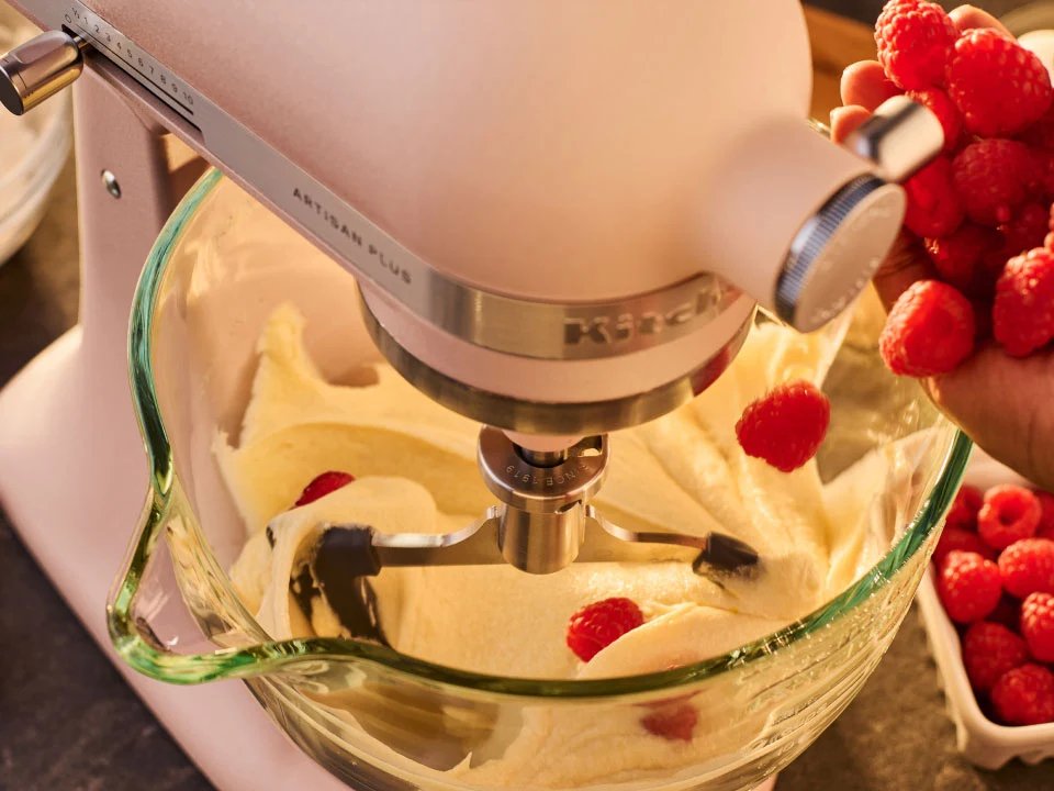 KitchenAid Artisan Plus mixer folding a delicate mixture on the half fold speed